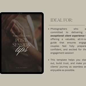May include: A digital tablet screen displaying a guide titled "Post Session Tips" with a couple's hands holding each other in the background. The text "Ideal For" is displayed with a description of the guide's purpose and benefits for photographers.