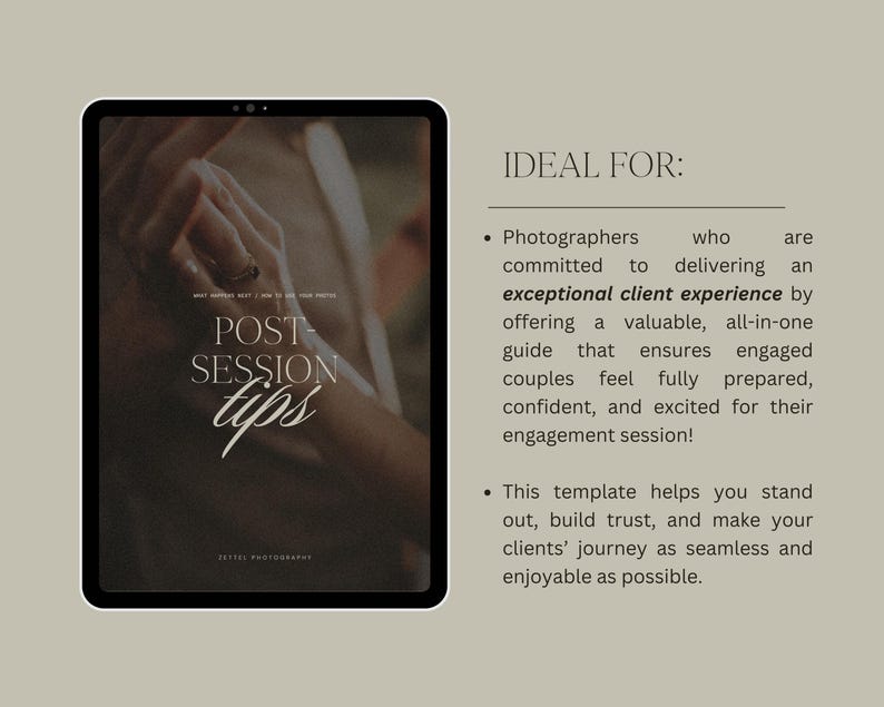 May include: A digital tablet screen displaying a guide titled "Post Session Tips" with a couple's hands holding each other in the background. The text "Ideal For" is displayed with a description of the guide's purpose and benefits for photographers.