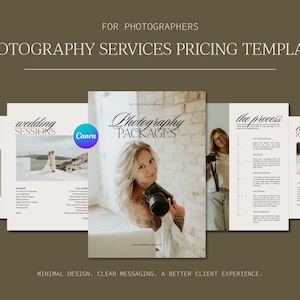 Puede incluir: Una plantilla digital de precios para servicios de fotografía con varias páginas de fondo blanco, tipografía negra con serifa y manuscrita, y fotografías integradas. El texto incluye "FOR PHOTOGRAPHERS," "PHOTOGRAPHY SERVICES PRICING TEMPLATE," "wedding SESSIONS," "Photography PACKAGES," "the process," y "client REVIEWS."