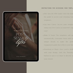 May include: A digital tablet displaying a guide for post-session tips for photographers. The guide includes instructions for accessing Canva templates, customizing them, and downloading or sharing them with clients.