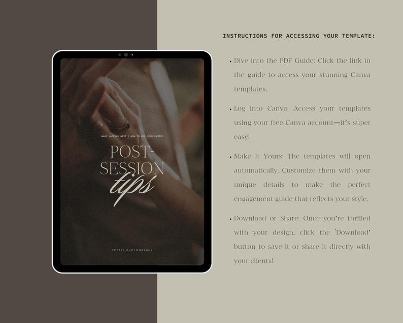 May include: A digital tablet displaying a guide for post-session tips for photographers. The guide includes instructions for accessing Canva templates, customizing them, and downloading or sharing them with clients.
