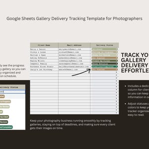Modello di Google Sheets per il monitoraggio delle consegne della galleria per fotografi, monitoraggio delle scadenze, strumento aziendale per fotografi, CRM per la gestione dei clienti immagine 3