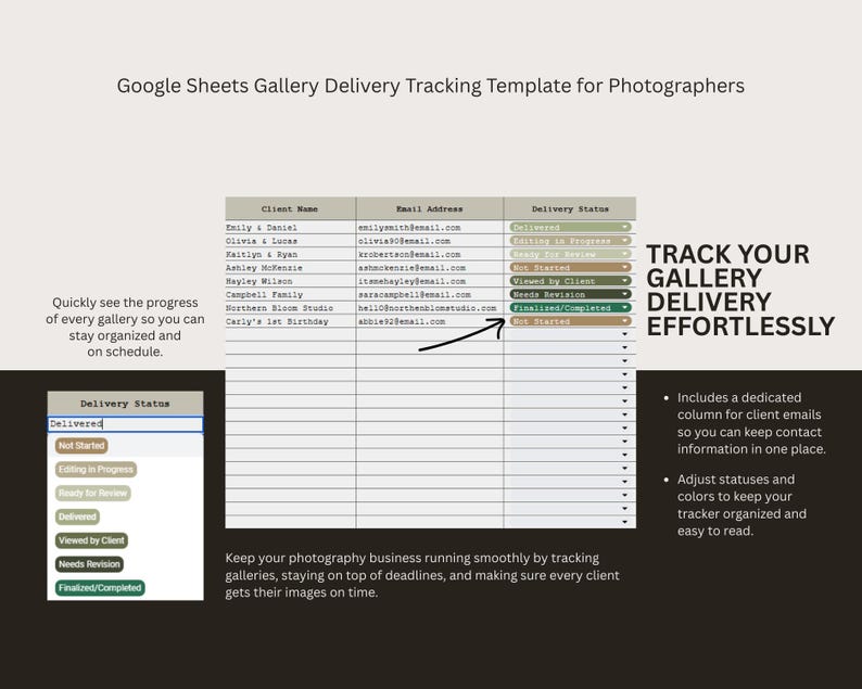 Modello di Google Sheets per il monitoraggio delle consegne della galleria per fotografi, monitoraggio delle scadenze, strumento aziendale per fotografi, CRM per la gestione dei clienti immagine 3