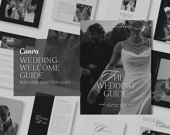 May include: A black and white wedding guide with the text "The Wedding Guide" and "Your Ultimate Guide for Your Big Day". The guide is open to a page with the text "Second Shooter".