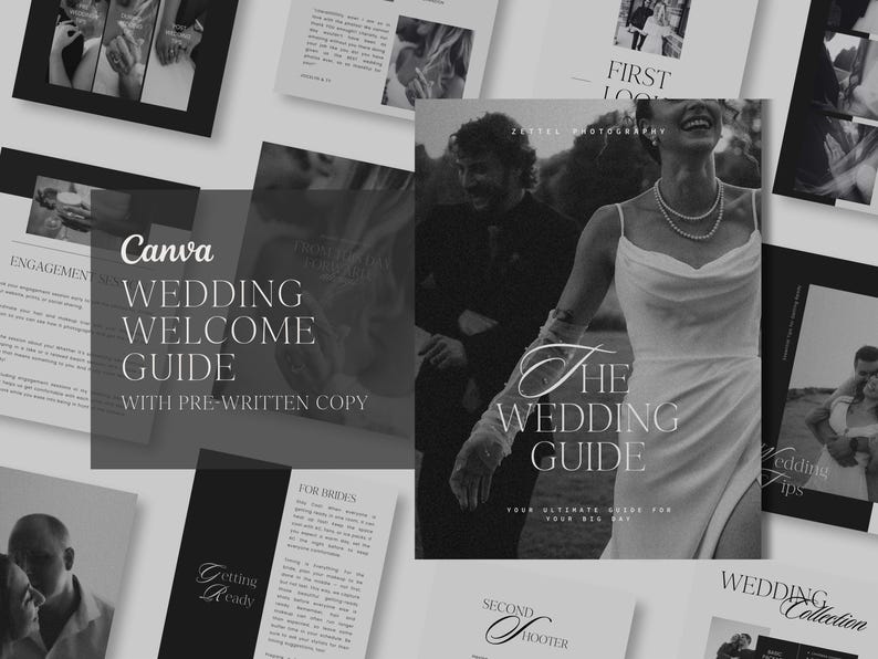 May include: A black and white wedding guide with the text "The Wedding Guide" and "Your Ultimate Guide for Your Big Day". The guide is open to a page with the text "Second Shooter".