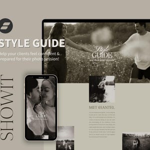Könnte beinhalten: Ein Website-Mockup für einen Style Guide für Fotografen, mit einem Schwarzweißfoto eines Paares auf einem Feld, mit dem Text "Style Guide for Your Best Session" und "Met Giantel".