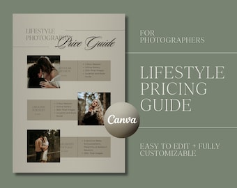 Pode incluir: Um guia de preços bege e verde para serviços de fotografia de estilo de vida. O guia inclui preços para sessões regulares, retratos criativos e pacotes de maternidade. O guia é personalizável e fácil de editar.