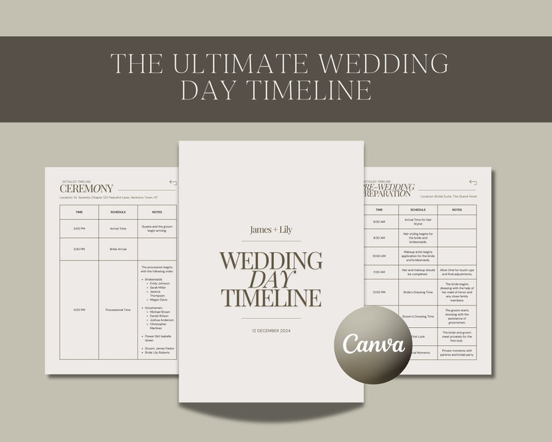 May include: A wedding day timeline template with the title "The Ultimate Wedding Day Timeline" and the names "James + Lily" in a brown font. The template includes a detailed schedule for the ceremony and pre-wedding preparation.