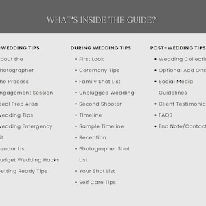 May include: A guide with tips for wedding photography, divided into three sections: Pre-Wedding, During Wedding, and Post-Wedding. Each section lists various tips and suggestions for photographers.