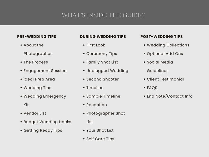 May include: A guide with tips for wedding photography, divided into three sections: Pre-Wedding, During Wedding, and Post-Wedding. Each section lists various tips and suggestions for photographers.