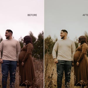 Puede incluir: Imagen de antes y despu&eacute;s de una pareja en un campo. El hombre lleva un su&eacute;ter beige y vaqueros azules. La mujer lleva un vestido largo marr&oacute;n. El texto "BEFORE" y "AFTER" est&aacute; en la parte superior de la imagen.