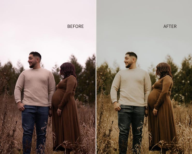 Puede incluir: Imagen de antes y despu&eacute;s de una pareja en un campo. El hombre lleva un su&eacute;ter beige y vaqueros azules. La mujer lleva un vestido largo marr&oacute;n. El texto "BEFORE" y "AFTER" est&aacute; en la parte superior de la imagen.