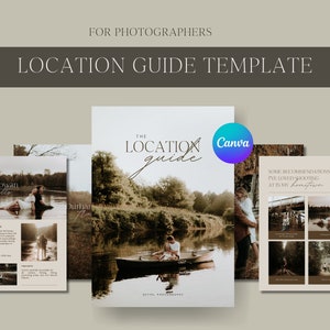 Può includere: Un modello di guida di location per fotografi, con un'estetica rustica, un titolo scritto a mano "THE LOCATION guide" e un logo Canva. La guida include foto di una coppia in barca, una coppia sul fiume e una coppia nel bosco. Il testo "SOME RECOMMENDATIONS I'VE LOVED SHOOTING AT IN MY HOMETOWN" è incluso anche.