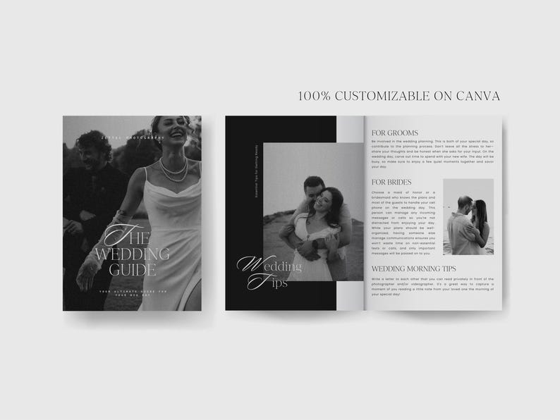 May include: A black and white wedding guide booklet with the text "The Wedding Guide" on the front cover. The booklet includes tips for grooms and brides, as well as wedding morning tips.