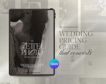 Guía de precios de fotografía de bodas de Canva (18 páginas), plantilla personalizable, lista de precios de servicios de sesión fotográfica de boda, guía de precios para fotógrafos