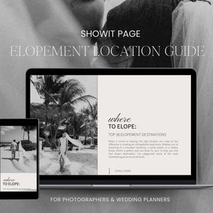 May include: A laptop computer screen displaying a black and white image of a couple on a beach. The text on the screen reads "where to elope: top 38 elopement destinations". The text "for photographers & wedding planners" is displayed below the laptop.