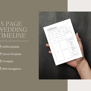 May include: A 15-page wedding timeline template in a printable format. The template is 100% editable and can be used in Canva. The template includes a section for the ceremony with columns for time, schedule, and notes.