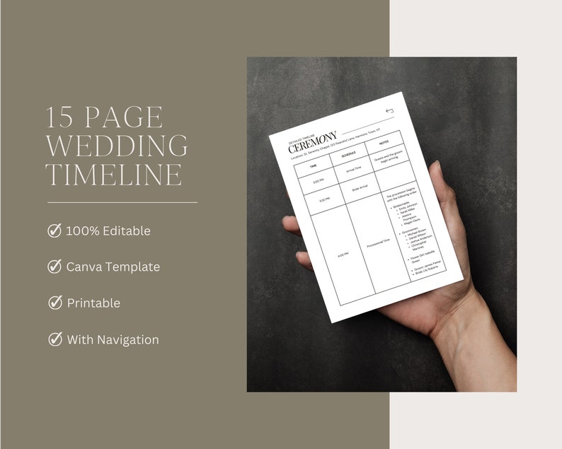 May include: A 15-page wedding timeline template in a printable format. The template is 100% editable and can be used in Canva. The template includes a section for the ceremony with columns for time, schedule, and notes.