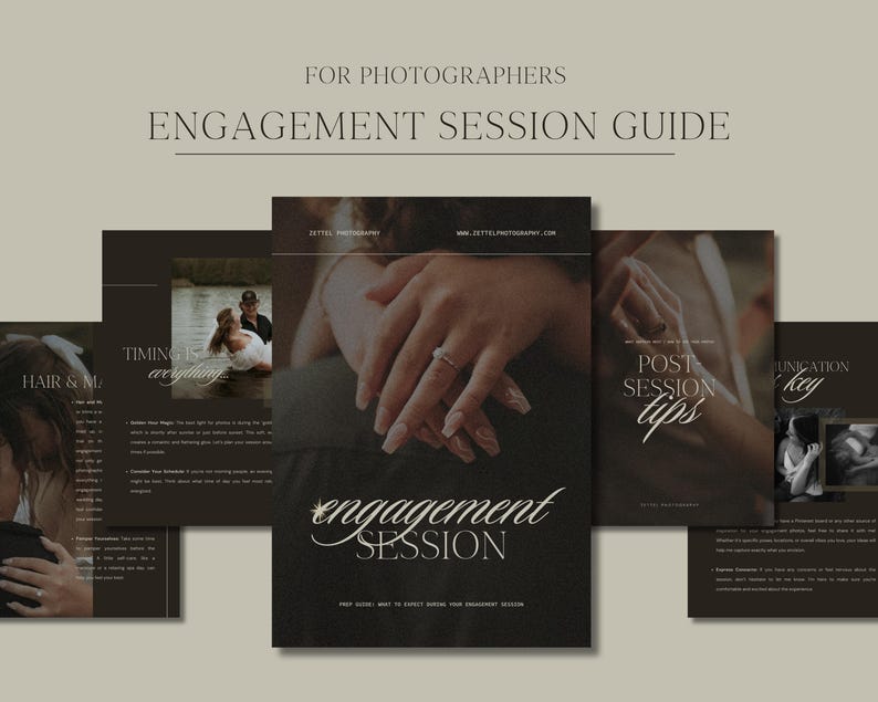 May include: A guide for photographers on how to plan and execute an engagement session. The guide includes tips on timing, communication, and post-session advice. The cover features a close-up of a couple's hands with an engagement ring.