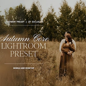 Puede incluir: Imagen que promociona un ajuste preestablecido de Lightroom, con una pareja abraz&aacute;ndose en un campo de hierba alta. Se muestra el texto "Autumn Core LIGHTROOM PRESET", junto con "MOBILE AND DESKTOP". La paleta de colores es c&aacute;lida, con tonos tierra.