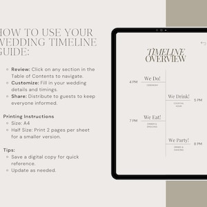 May include: A digital wedding timeline guide with a tablet mockup showing a sample timeline with the headings "We Do!", "We Drink!", "We Eat!" and "We Party!" with corresponding times. The guide includes instructions for customizing and sharing the timeline.