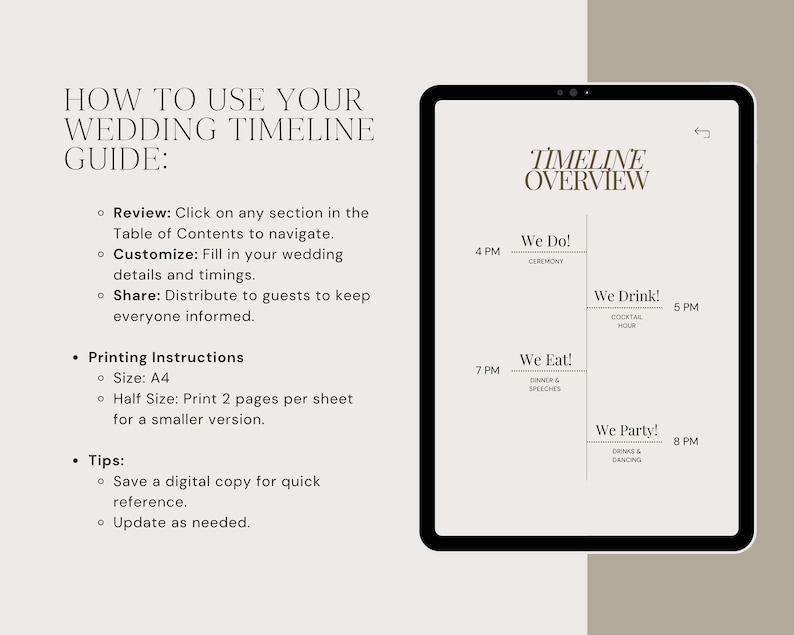 May include: A digital wedding timeline guide with a tablet mockup showing a sample timeline with the headings "We Do!", "We Drink!", "We Eat!" and "We Party!" with corresponding times. The guide includes instructions for customizing and sharing the timeline.