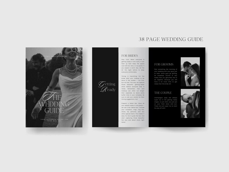 May include: A black and white wedding guide booklet with the text "The Wedding Guide" and "Getting Ready" on the cover. The cover features a black and white photo of a bride and groom.