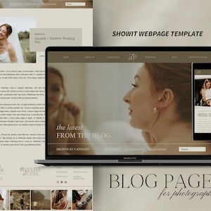 May include: A laptop computer screen displaying a website template for photographers. The website is designed in a minimalist style with a light brown background and features a blog section with the text "the latest from the blog".