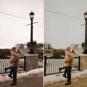 Puede incluir: Una pareja se abraza en un puente nevado, con una barandilla de hierro forjado negro y una farola vintage. La mujer lleva un abrigo color beige y el hombre una chaqueta marr&oacute;n. Edificios y un cielo nublado en el fondo. La imagen est&aacute; etiquetada como "ANTES" y "DESPU&Eacute;S".