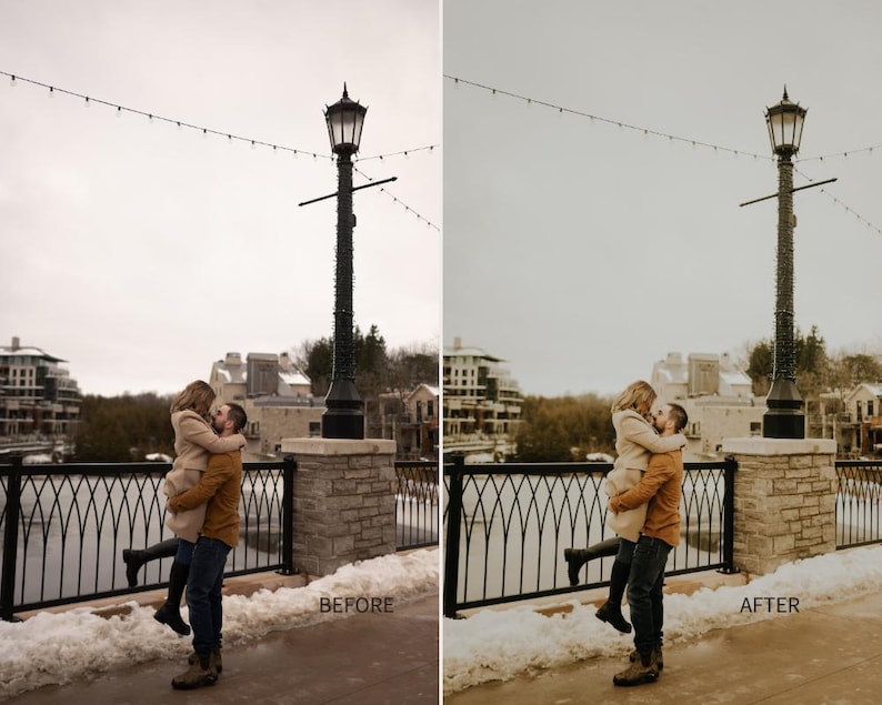 Puede incluir: Una pareja se abraza en un puente nevado, con una barandilla de hierro forjado negro y una farola vintage. La mujer lleva un abrigo color beige y el hombre una chaqueta marr&oacute;n. Edificios y un cielo nublado en el fondo. La imagen est&aacute; etiquetada como "ANTES" y "DESPU&Eacute;S".