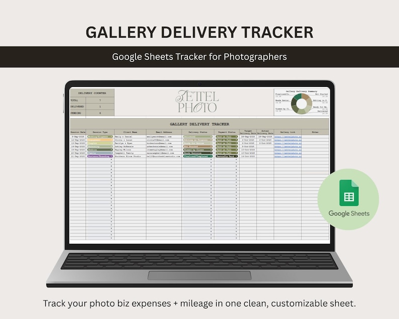 Modello di Google Sheets per il monitoraggio delle consegne della galleria per fotografi, monitoraggio delle scadenze, strumento aziendale per fotografi, CRM per la gestione dei clienti immagine 1