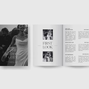 May include: A black and white wedding guide booklet with the title "The Wedding Guide" and the text "First Look" on the cover. The guide includes information about the first look photo session, including different options for who the bride can have the first look with, such as her bridesmaids, her mother, or her father.