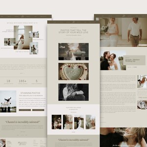 K&ouml;nnte beinhalten: Eine Website f&uuml;r einen Hochzeitsfotografen, die Fotos von Paaren und Hochzeitsdetails zeigt. Die Website enth&auml;lt ein Testimonial von einem zufriedenen Kunden, der sagt, dass der Fotograf "unglaublich talentiert" ist.