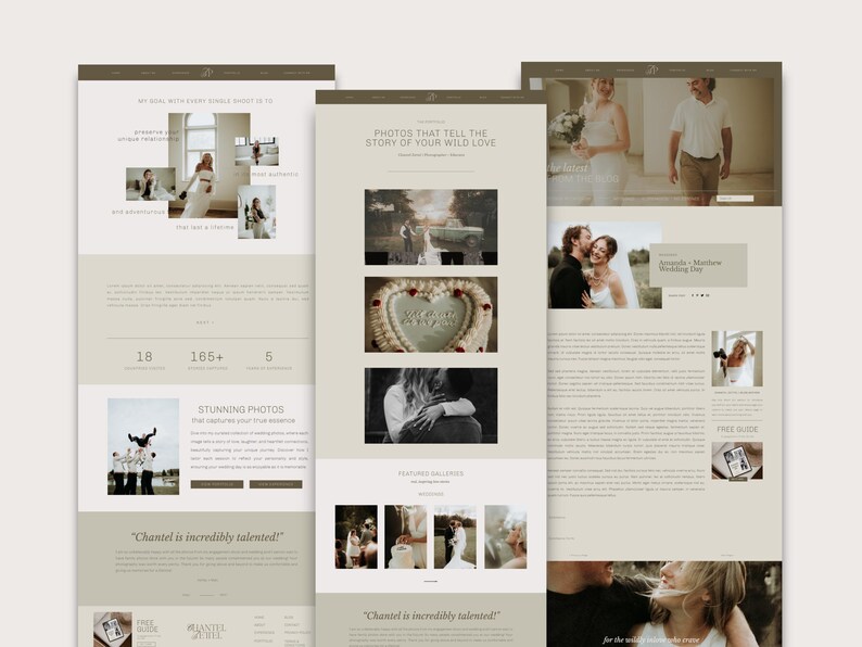 K&ouml;nnte beinhalten: Eine Website f&uuml;r einen Hochzeitsfotografen, die Fotos von Paaren und Hochzeitsdetails zeigt. Die Website enth&auml;lt ein Testimonial von einem zufriedenen Kunden, der sagt, dass der Fotograf "unglaublich talentiert" ist.