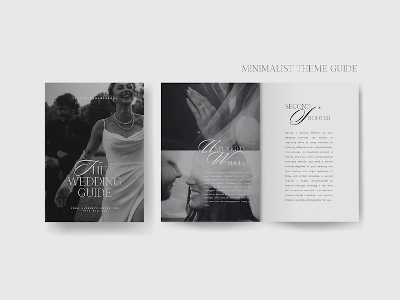 May include: A black and white wedding guide with the text "The Wedding Guide" and "Second Shooter" on the cover. The guide features images of a bride and groom.