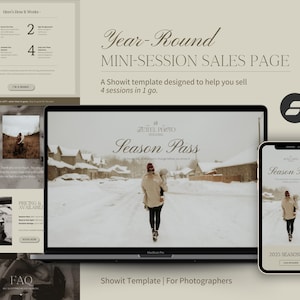 Könnte beinhalten: Digitales Mockup einer Website und einer mobilen App, das eine Vorlage für eine "Year-Round Mini-Session Sales Page" zeigt. Das Design zeigt eine Winterszene und den Text "Season Pass".
