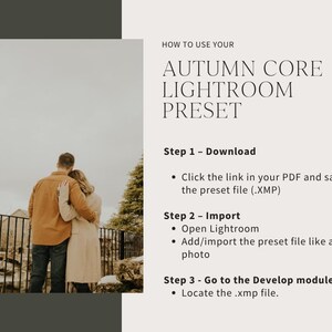 Puede incluir: Imagen con texto: "HOW TO USE YOUR AUTUMN CORE LIGHTROOM PRESET". La imagen incluye instrucciones sobre c&oacute;mo descargar, importar y usar el ajuste preestablecido. Una pareja se abraza en el fondo.