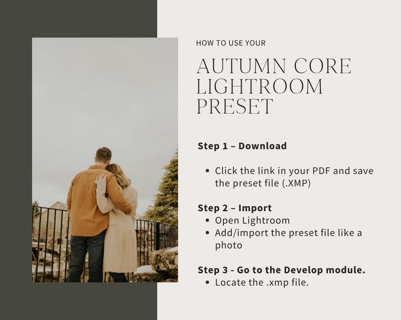 Puede incluir: Imagen con texto: "HOW TO USE YOUR AUTUMN CORE LIGHTROOM PRESET". La imagen incluye instrucciones sobre c&oacute;mo descargar, importar y usar el ajuste preestablecido. Una pareja se abraza en el fondo.