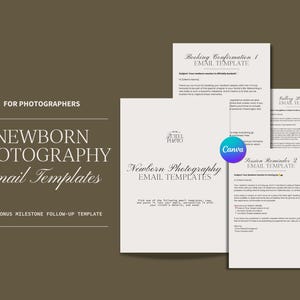 Può includere: Un set di modelli di email per la fotografia di neonati per fotografi, con documenti bianchi con testo nero su uno sfondo verde oliva scuro. Il testo include titoli come Booking Confirmation, Gallery Delivery e Session Reminder.
