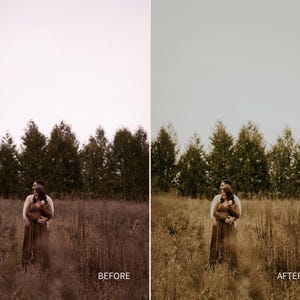 Puede incluir: Imagen de antes y despu&eacute;s de una pareja en un campo. La imagen del "antes" tiene un tinte rosado, mientras que la imagen del "despu&eacute;s" tiene un tono sepia. La pareja se abraza en un campo de hierba alta, con una hilera de &aacute;rboles al fondo.