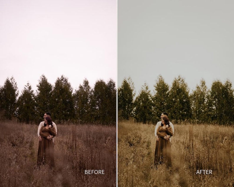 Puede incluir: Imagen de antes y despu&eacute;s de una pareja en un campo. La imagen del "antes" tiene un tinte rosado, mientras que la imagen del "despu&eacute;s" tiene un tono sepia. La pareja se abraza en un campo de hierba alta, con una hilera de &aacute;rboles al fondo.
