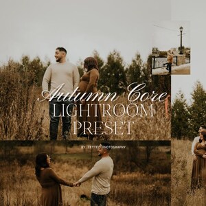 Puede incluir: Imagen compuesta con parejas en exteriores con tem&aacute;tica oto&ntilde;al. El texto "Autumn Core Lightroom Preset" est&aacute; superpuesto. La paleta de colores es c&aacute;lida, con tonos apagados.