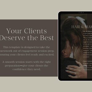 May include: A light brown and white digital planner with the text "Your Clients Deserve the Best" on the cover. The planner is open to a page with the heading "Hair & Make-up" and text about preparing for an engagement session.