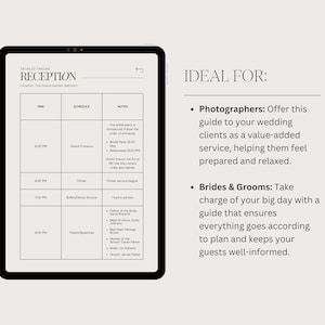 May include: A wedding reception timeline schedule with times, events, and notes. The schedule includes a grand entrance, dinner, buffet dinner service, toasts and speeches, and notes about the bridal party entrance order, the newlyweds' entrance, and the dinner service.