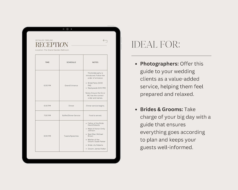 May include: A wedding reception timeline schedule with times, events, and notes. The schedule includes a grand entrance, dinner, buffet dinner service, toasts and speeches, and notes about the bridal party entrance order, the newlyweds' entrance, and the dinner service.