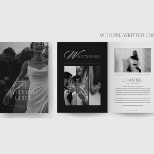 May include: A black and white wedding guide with the text "The Wedding Guide" on the cover. The guide includes a section titled "What's Inside" and a section with a photo of a bride and groom.