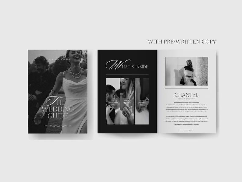 May include: A black and white wedding guide with the text "The Wedding Guide" on the cover. The guide includes a section titled "What's Inside" and a section with a photo of a bride and groom.