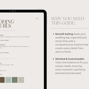 May include: A wedding details guide with information about the ceremony and reception locations, date, time, and attire. The guide also includes a color palette with five different shades of green and brown.