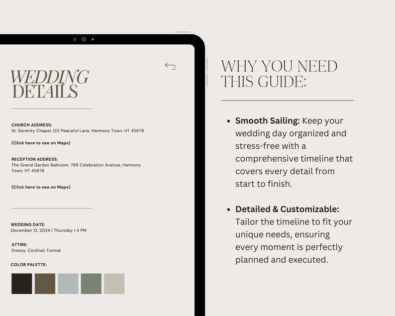 May include: A wedding details guide with information about the ceremony and reception locations, date, time, and attire. The guide also includes a color palette with five different shades of green and brown.