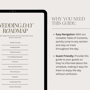 May include: A digital guide for wedding planning with a list of topics including timeline overview, wedding details, pre-wedding preparation, ceremony, post-ceremony photos, photo group list, reception, transportation plan, and contact information. The guide also explains why it is helpful for wedding planning.